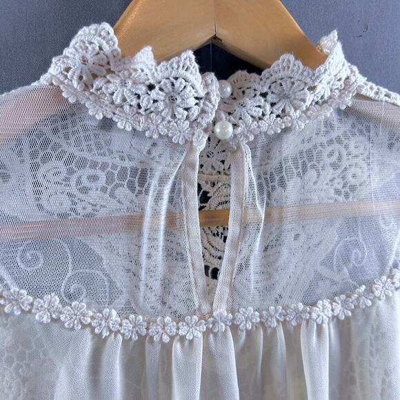 Boho Chic Crochet Lace Sheer Cottage Sleeveless Festival Coastal Cream Top MED - Picture 8 of 10